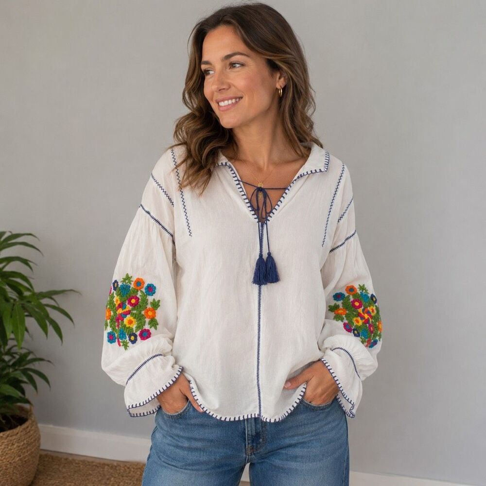 Sister Mary Embroidered Boho Long Sleeve Top V-neck Balloon Sleeve L #785